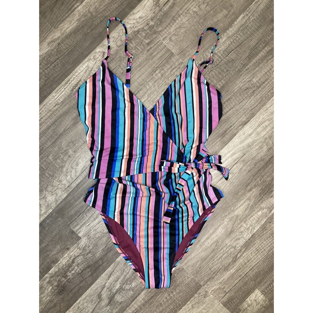 Y2K Style Swim Bathing Suit M Striped One Piece Rainbow V-Neck Coastal Beach